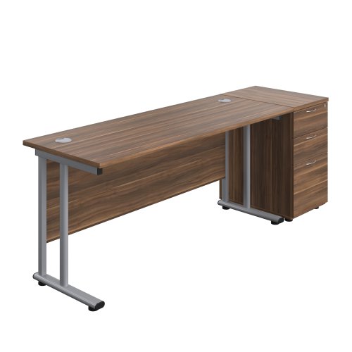 Twin Upright Rectangular Desk + Desk High 3 Drawer Pedestal (FSC) 1600X600 Dark Walnut/Silver