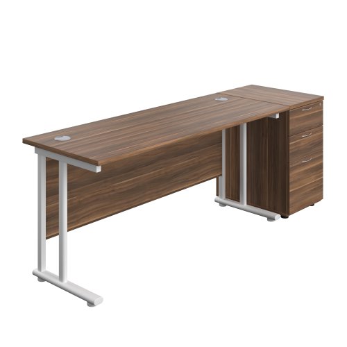 Twin Upright Rectangular Desk + Desk High 3 Drawer Pedestal (FSC) 1600X600 Dark Walnut/White
