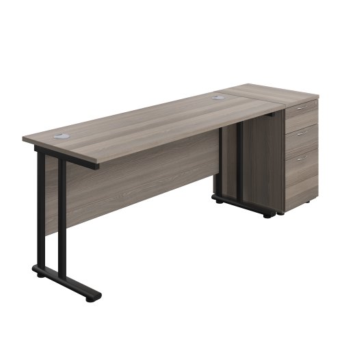 Twin Upright Rectangular Desk + Desk High 3 Drawer Pedestal (FSC) 1600X600 Grey Oak/Black