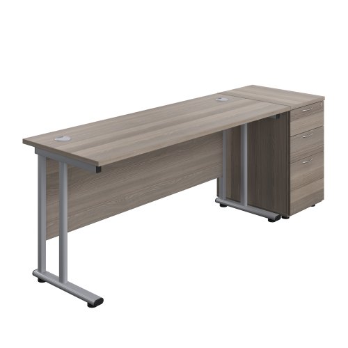 Twin Upright Rectangular Desk + Desk High 3 Drawer Pedestal (FSC) 1600X600 Grey Oak/Silver