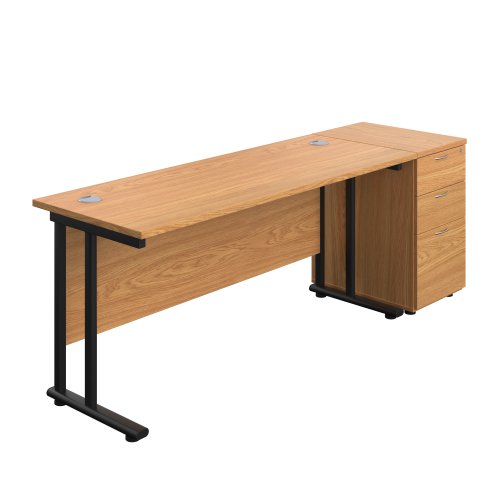 Twin Upright Rectangular Desk + Desk High 3 Drawer Pedestal (FSC) 1600X600 Nova Oak/Black