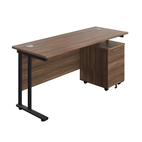 Twin Upright Rectangular Desk + Mobile 2 Drawer Pedestal (FSC) 1600X600 Dark Walnut/Black