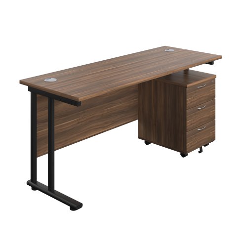 Twin Upright Rectangular Desk + Mobile 3 Drawer Pedestal (FSC) 1600X600 Dark Walnut/Black