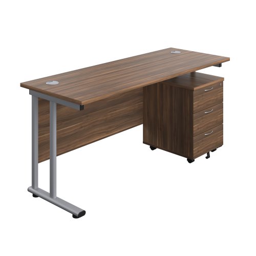 Twin Upright Rectangular Desk + Mobile 3 Drawer Pedestal (FSC) 1600X600 Dark Walnut/Silver
