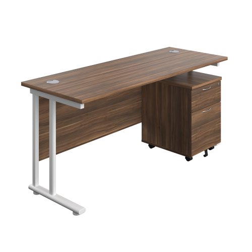 Twin Upright Rectangular Desk + Mobile 2 Drawer Pedestal (FSC) 1600X600 Dark Walnut/White