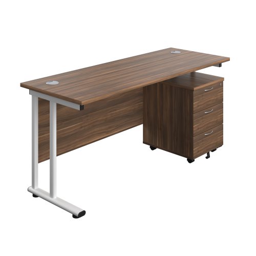 Twin Upright Rectangular Desk + Mobile 3 Drawer Pedestal (FSC) 1600X600 Dark Walnut/White