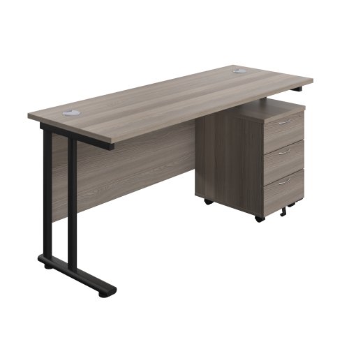 Twin Upright Rectangular Desk + Mobile 3 Drawer Pedestal (FSC) 1600X600 Grey Oak/Black