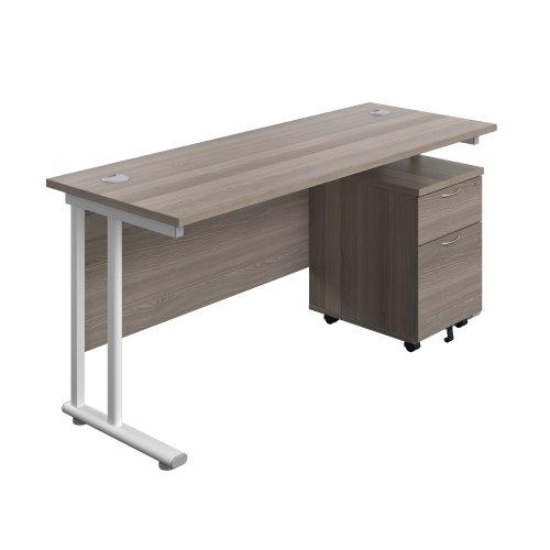 Twin Upright Rectangular Desk + Mobile 2 Drawer Pedestal (FSC) 1600X600 Grey Oak/White