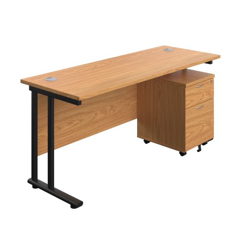 Twin Upright Rectangular Desk + Mobile 2 Drawer Pedestal (FSC) 1600X600 Nova Oak/Black