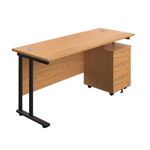 Twin Upright Rectangular Desk + Mobile 3 Drawer Pedestal (FSC) 1600X600 Nova Oak/Black