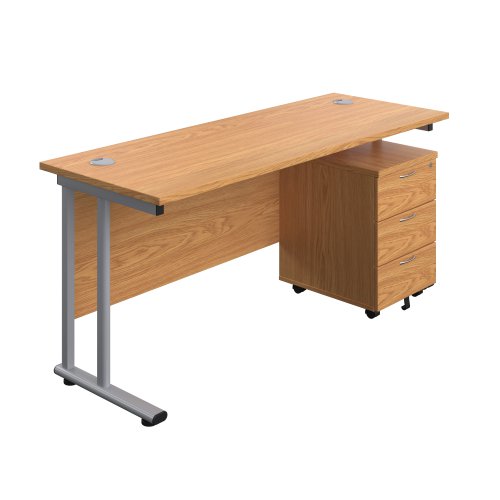 Twin Upright Rectangular Desk + Mobile 3 Drawer Pedestal (FSC) 1600X600 Nova Oak/Silver