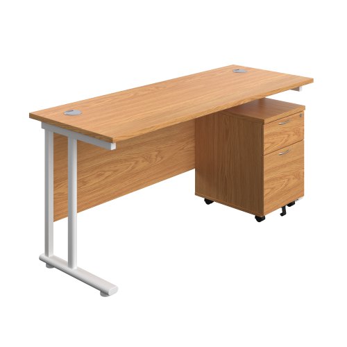 Twin Upright Rectangular Desk + Mobile 2 Drawer Pedestal (FSC) 1600X600 Nova Oak/White