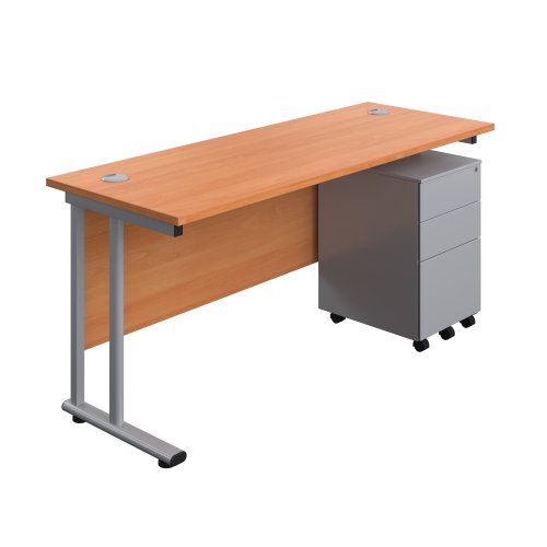 Twin Upright Rectangular Desk + Under Desk Steel Pedestal 3 Drawers (FSC) 1600X600 Beech/Silver