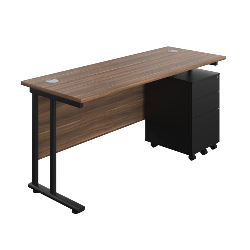 Twin Upright Rectangular Desk + Under Desk Steel Pedestal 3 Drawers (FSC) 1600X600 Dark Walnut/Black