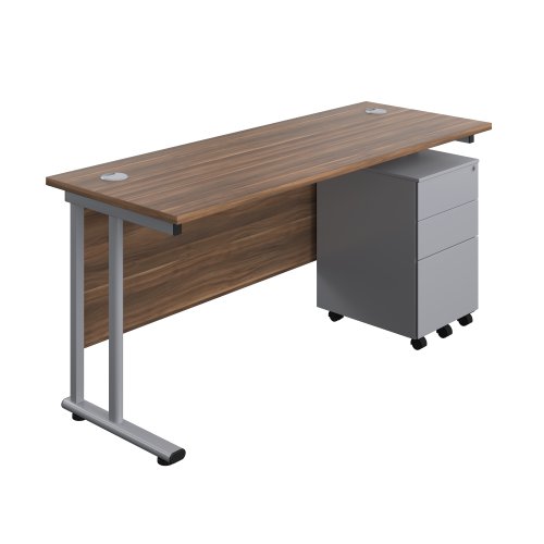 Twin Upright Rectangular Desk + Under Desk Steel Pedestal 3 Drawers (FSC) 1600X600 Dark Walnut/Silver