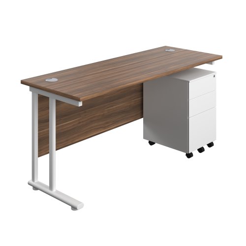 Twin Upright Rectangular Desk + Under Desk Steel Pedestal 3 Drawers (FSC) 1600X600 Dark Walnut/White
