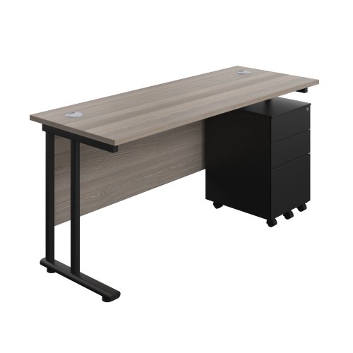 Twin Upright Rectangular Desk + Under Desk Steel Pedestal 3 Drawers (FSC) 1600X600 Grey Oak/Black