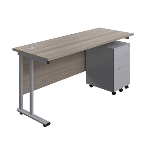 Twin Upright Rectangular Desk + Under Desk Steel Pedestal 3 Drawers (FSC) 1600X600 Grey Oak/Silver