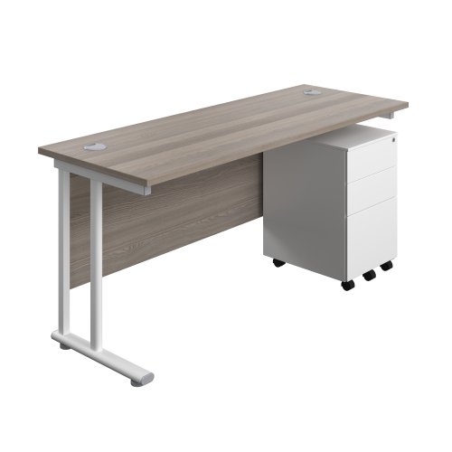 Twin Upright Rectangular Desk + Under Desk Steel Pedestal 3 Drawers (FSC) 1600X600 Grey Oak/White