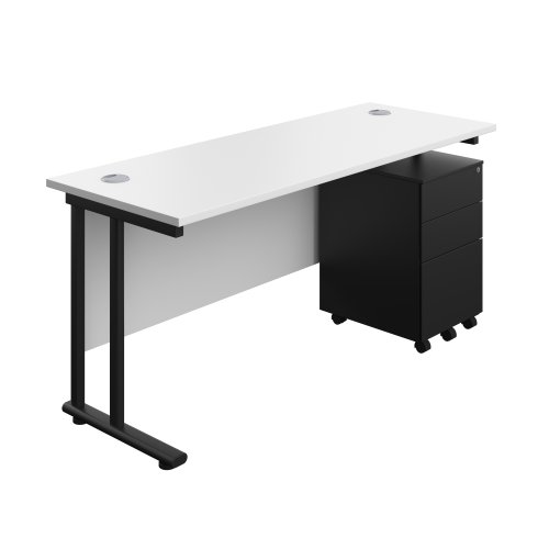 Twin Upright Rectangular Desk + Under Desk Steel Pedestal 3 Drawers (FSC) 1600X600 White/Black