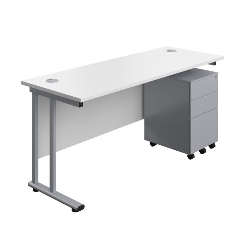 Twin Upright Rectangular Desk + Under Desk Steel Pedestal 3 Drawers (FSC) 1600X600 White/Silver
