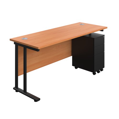 Twin Upright Rectangular Desk + Slimline Steel Pedestal 3 Drawers (FSC) 1600X600 Beech/Black