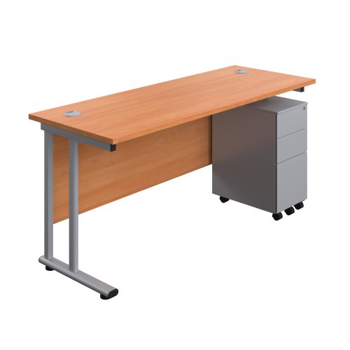 Twin Upright Rectangular Desk + Slimline Steel Pedestal 3 Drawers (FSC) 1600X600 Beech/Silver