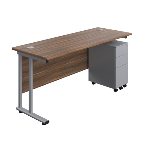 Twin Upright Rectangular Desk + Slimline Steel Pedestal 3 Drawers (FSC) 1600X600 Dark Walnut/Silver