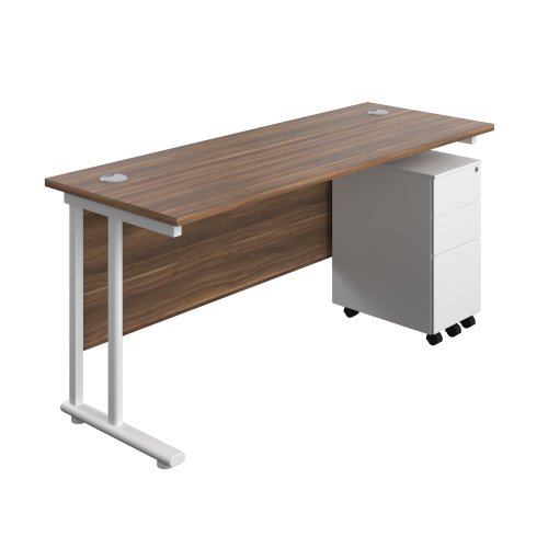 Twin Upright Rectangular Desk + Slimline Steel Pedestal 3 Drawers (FSC) 1600X600 Dark Walnut/White