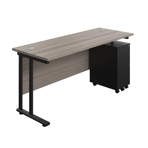 Twin Upright Rectangular Desk + Slimline Steel Pedestal 3 Drawers (FSC) 1600X600 Grey Oak/Black