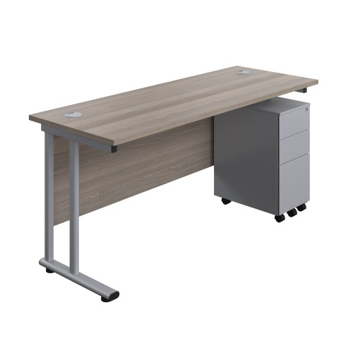 Twin Upright Rectangular Desk + Slimline Steel Pedestal 3 Drawers (FSC) 1600X600 Grey Oak/Silver