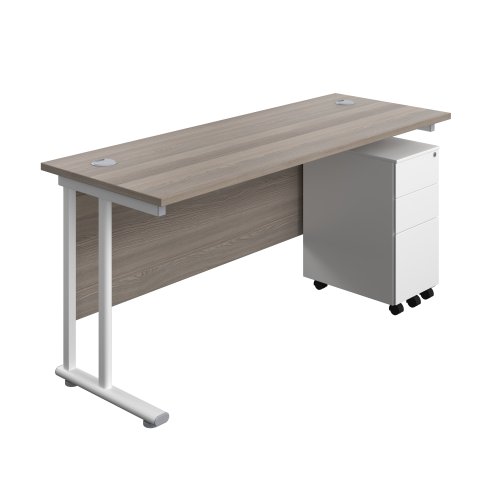Twin Upright Rectangular Desk + Slimline Steel Pedestal 3 Drawers (FSC) 1600X600 Grey Oak/White