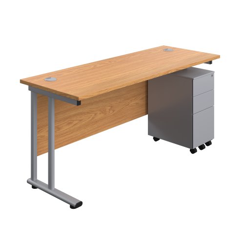 Twin Upright Rectangular Desk + Slimline Steel Pedestal 3 Drawers (FSC) 1600X600 Nova Oak/Silver