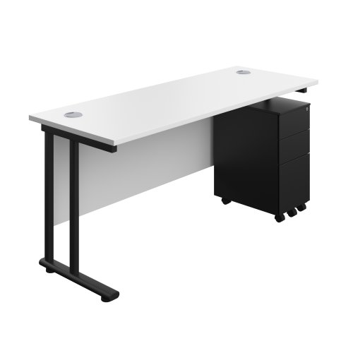 Twin Upright Rectangular Desk + Slimline Steel Pedestal 3 Drawers (FSC) 1600X600 White/Black