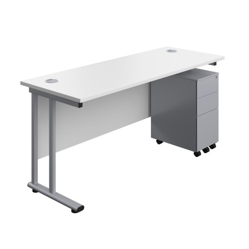 Twin Upright Rectangular Desk + Slimline Steel Pedestal 3 Drawers (FSC) 1600X600 White/Silver
