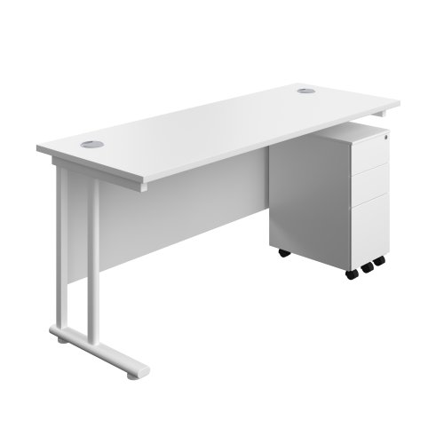 Twin Upright Rectangular Desk + Slimline Steel Pedestal 3 Drawers (FSC) 1600X600 White/White