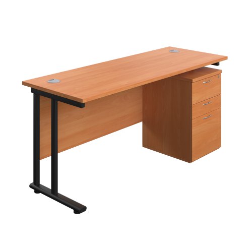 Twin Upright Rectangular Desk + High Mobile Pedestal 3 Drawer (FSC) 1600X600 Beech/Black