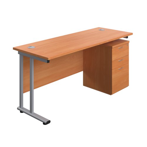 Twin Upright Rectangular Desk + High Mobile Pedestal 3 Drawer (FSC) 1600X600 Beech/Silver