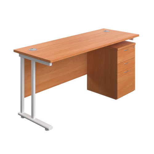 Twin Upright Rectangular Desk + High Mobile Pedestal 3 Drawer (FSC) 1600X600 Beech/White
