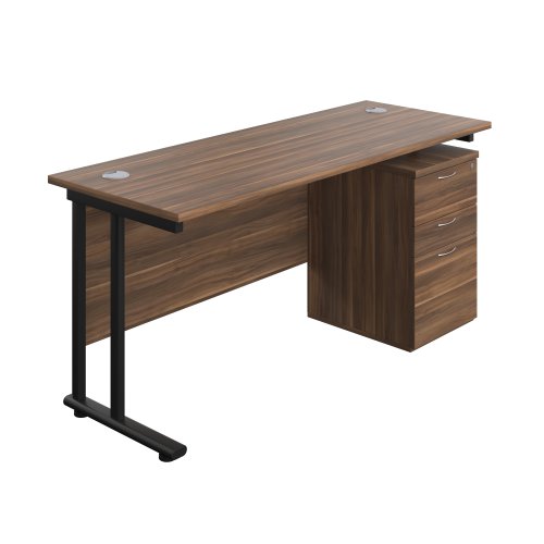 Twin Upright Rectangular Desk + High Mobile Pedestal 3 Drawer (FSC) 1600X600 Dark Walnut/Black