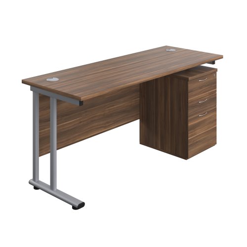 Twin Upright Rectangular Desk + High Mobile Pedestal 3 Drawer (FSC) 1600X600 Dark Walnut/Silver