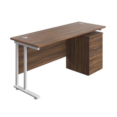 Twin Upright Rectangular Desk + High Mobile Pedestal 3 Drawer (FSC) 1600X600 Dark Walnut/White