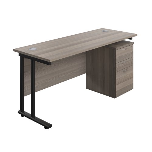 Twin Upright Rectangular Desk + High Mobile Pedestal 3 Drawer (FSC) 1600X600 Grey Oak/Black