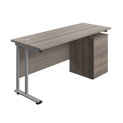Twin Upright Rectangular Desk + High Mobile Pedestal 3 Drawer (FSC) 1600X600 Grey Oak/Silver