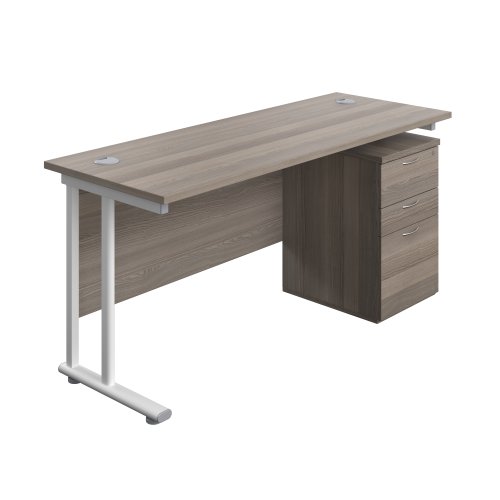 Twin Upright Rectangular Desk + High Mobile Pedestal 3 Drawer (FSC) 1600X600 Grey Oak/White