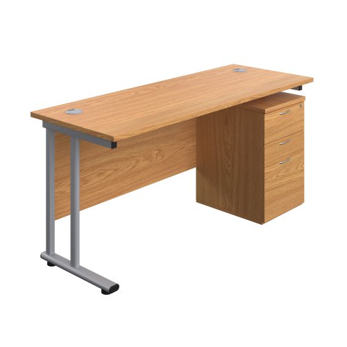 Twin Upright Rectangular Desk + High Mobile Pedestal 3 Drawer (FSC) 1600X600 Nova Oak/Silver