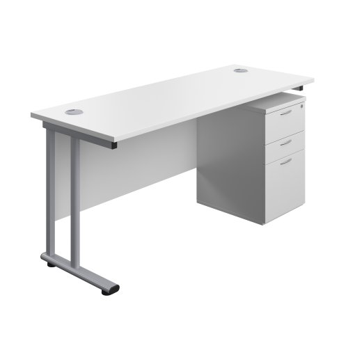 Twin Upright Rectangular Desk + High Mobile Pedestal 3 Drawer (FSC) 1600X600 White/Silver