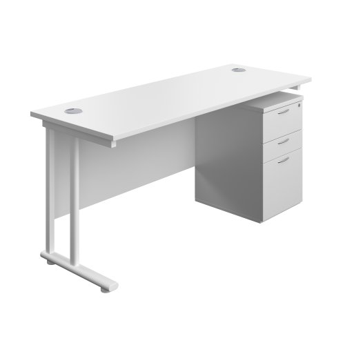 Twin Upright Rectangular Desk + High Mobile Pedestal 3 Drawer (FSC) 1600X600 White/White