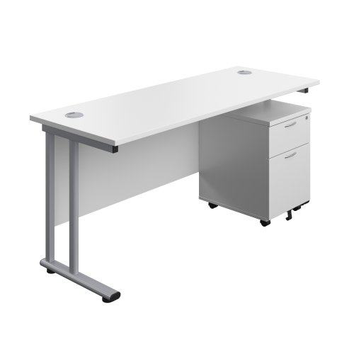 Twin Upright Rectangular Desk + Mobile 2 Drawer Pedestal (FSC) 1600X600 White/Silver