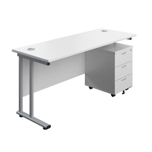 Twin Upright Rectangular Desk + Mobile 3 Drawer Pedestal (FSC) 1600X600 White/Silver